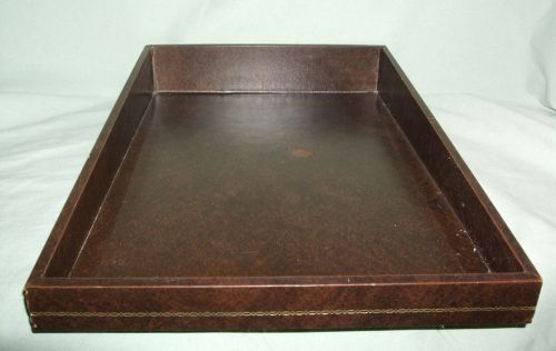 FAUX LEATHER LEGAL SIZE DESK TRAY -- 15.5&#034; x 10.5&#034; -- DARK BROWN WITH GOLD TRIM