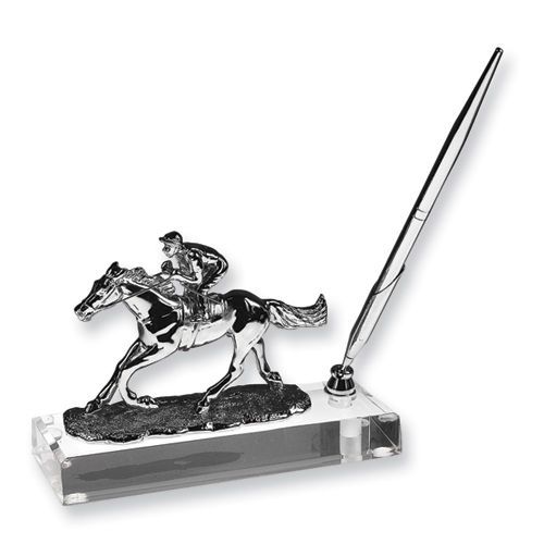 Silver-plated Jockey and Horse Crystal Pen Stand
