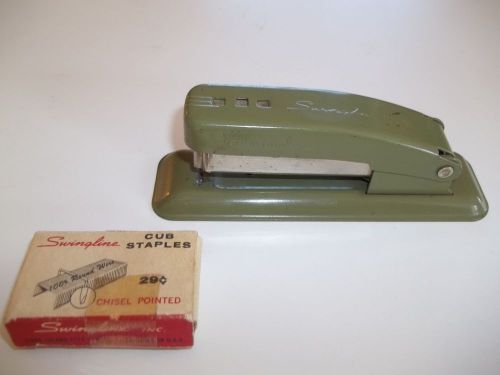 Vintage metal olive green swingline cub stapler 5 1/4&#034; &amp; vintage staples for sale