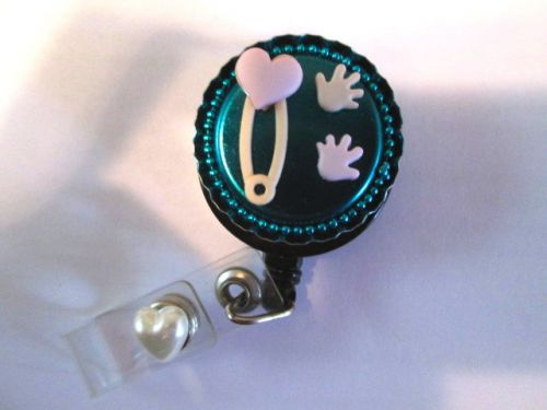Baby safety pin and tiny hands id badge reel holder medical,hospital,nurse for sale