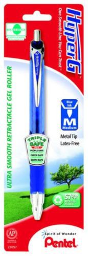 HyperG Retractable Gel Roller Pen Medium Line Permanent Blue Ink 1 Pack Carded
