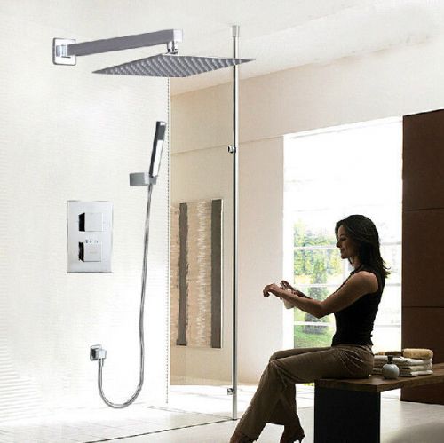 Chrome Conceal Install 8&#034; Rain Shower Faucet Set With Thermostatic Mixing Valve