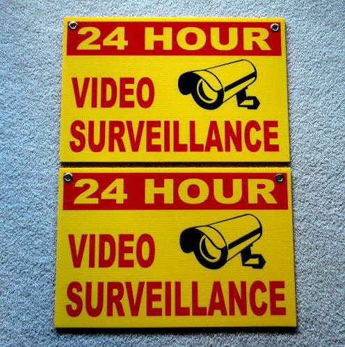 (2) 24 HOUR VIDEO SURVEILLANCE Coroplast SIGNS 12x18 w/Grommets NEW-- Security