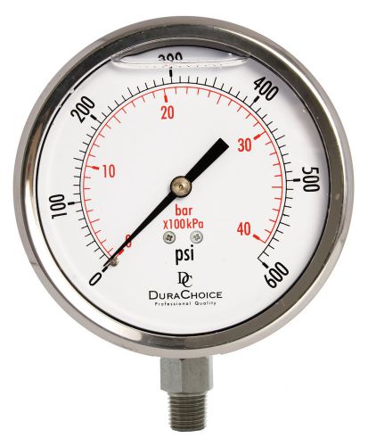 4&#034; all stainless steel oil filled pressure gauge - 1/4&#034; npt lower mount 600psi for sale