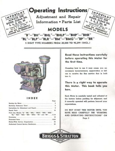 Briggs &amp; Stratton B Models Operating Instructions &amp; Parts List Book Manual
