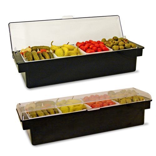 Chilled condiment holder / tray holds ice 4 compartments black / clear lid for sale