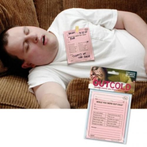 Out Cold party note pad for heavy drinking and drunken friends OMG