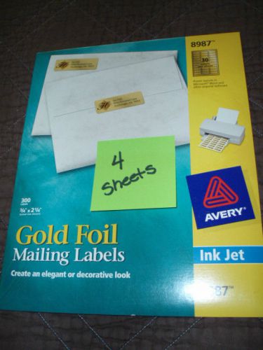 Avery 8987 Inkjet Mailing Labels 3/4&#034;x 2 1/4&#034; Gold Foil Elegant 4 Sheets