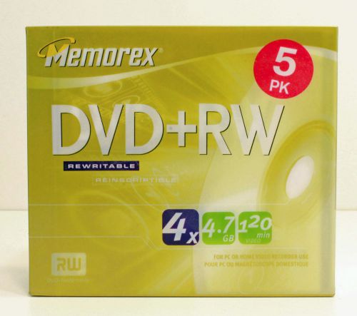 Memorex DVD+RW 5 Pack 4X 4.7GB 120 minute Video Rewritable Data Media NEW SEALED