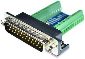 DB25 Male Printer Port Breakout Board, adapter, (Male)  eLabGuy D25-M-BO-V2A