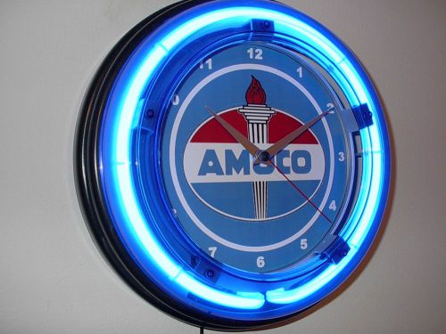 Amoco Oil Gas Service Station Garage Man Cave Neon Advertising Wall Clock Sign