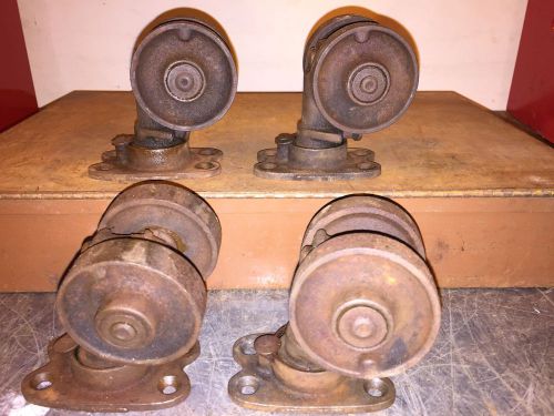 4&#034; Large Vintage 1920 Industrial Cast Iron Double Wheel Industrial Casters Set
