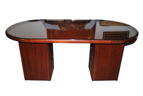 Business Office Mahogany, Glass Top, Oval Pedestal Center Table, Desk, Credenza