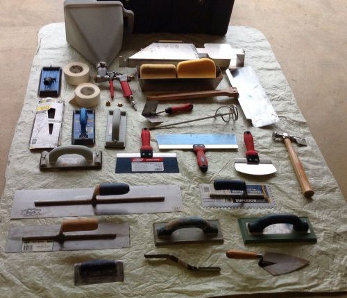 Lot of drywall tools - hopper trowels taper knockdown knife seamer hammer sander for sale