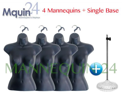 4 BLACK FEMALE MANNEQUINS +1 STAND + 4 HANGERS WOMAN TORSO BODY FORM DISPLAY