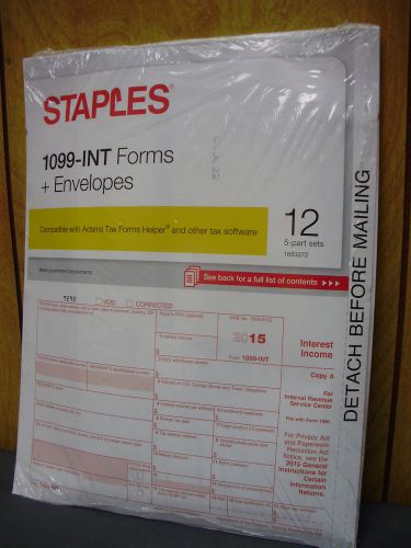 Staples 1099 - INT Forms &amp; Envelopes 12 - 5 Part Sets *2015 Tax Year*