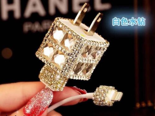 NEW Silver Crystal Bling Wall Charger + USB Data Cable For iPhone5 6 4.7 5.5&#034;