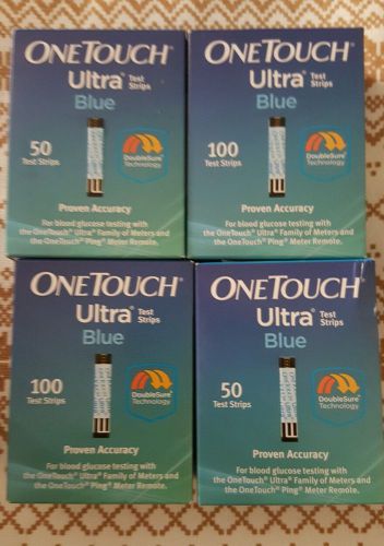 Onetouch ultra blue test strips 2 boxes of 100 strips and 2 boxes of 50 strips