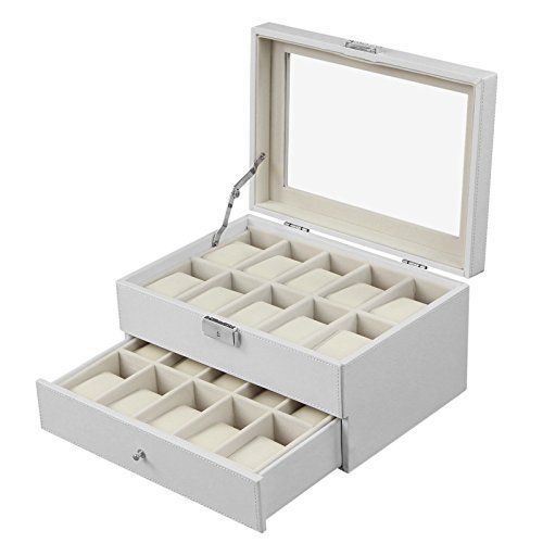 Songmics white leather 20 watch box with drawer glass top lockable watch disp... for sale
