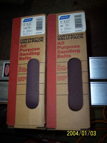 2 nos in box belt sander paper 5 belts each norton 80 &amp; 120 grain  3&#034; x 21&#034; for sale
