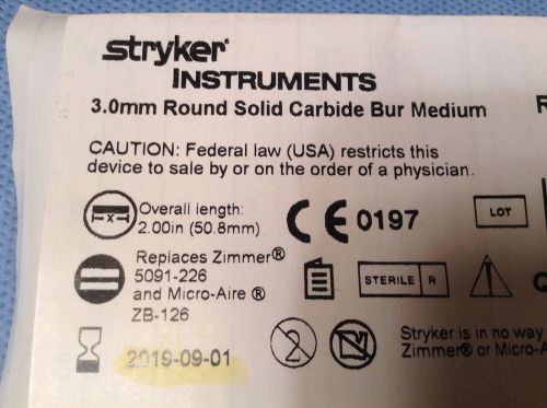 STRYKER INSTRUMENTS 3.0MM ROUND SOLID CARBIDE BUR MEDIUM REF 5300-10-509 QTY 1