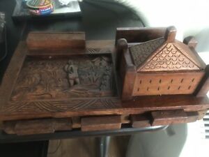 Rare Vintage Hand Carved desk organizer cigarette holder ash tray