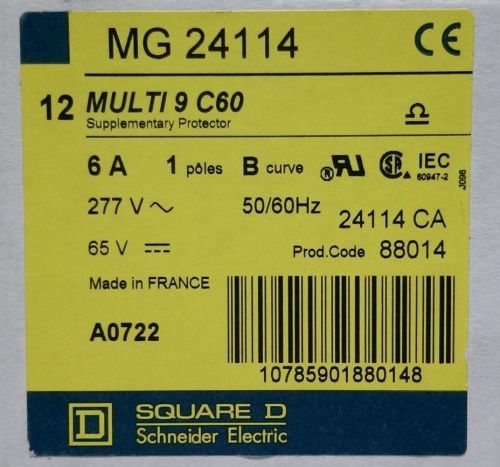 LOT OF 4 SQUARE D MG24114 MULTI 9 C60 6A. 1POLE B/CURVE/277VAC/65VDC/50/60 Hz.