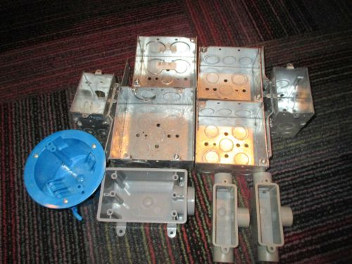 NEW LOT OF 10 ELECTRICAL METAL AND PLASTIC BOXES, DUAL/SINGLE/RND/JUNCTION, NEW