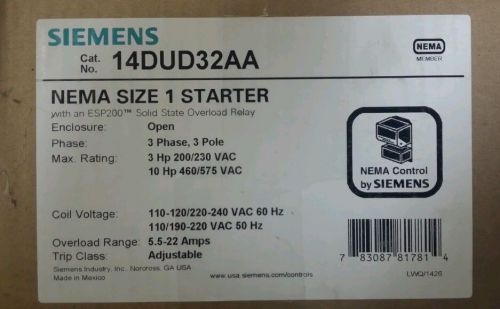 New siemens 14dud32aa size 1 motor starter w/ esp200 solid state overload relay for sale
