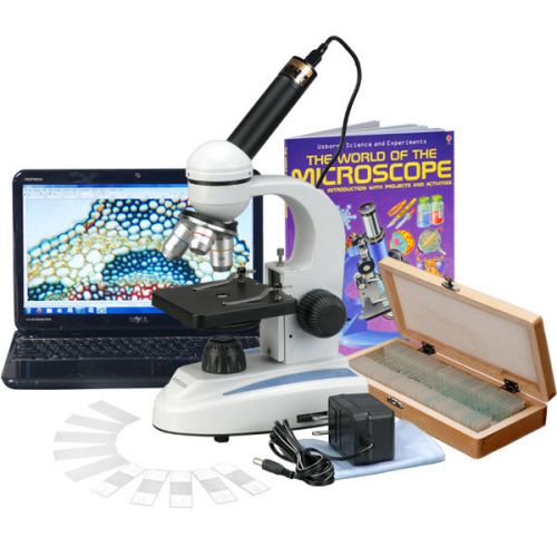 40x-1000x glass lens metal body student microscope + 50 specimens, camera &amp; book for sale