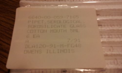 Serological Borosilicate 5ml Glass Pipette Cotton Mouth Box Of 18 NEW