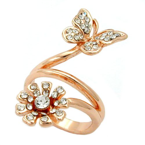 RING BUTTERFLY &amp; FLOWER GLASS CRYSTALS REDGOLD PLATED 01222-56 -Buy 1 Get 1 Free