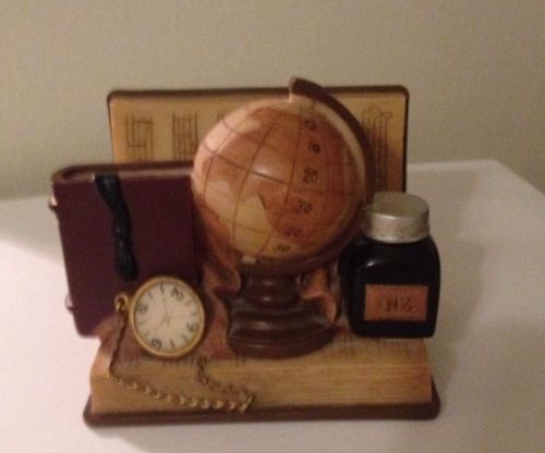 Business Card Holder..Book with a World Globe &amp; Pocket Watch,Ink Bottle &amp; a Book