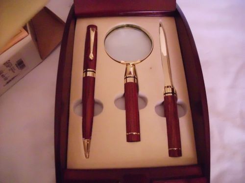 Wooden Box Desk Set - Pen, Letter Opener, Magnifying Glass - Rosewood Finish