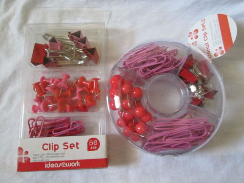 Paper clips Binder clips Push pins fun colors PINK RED 156 pieces NEW