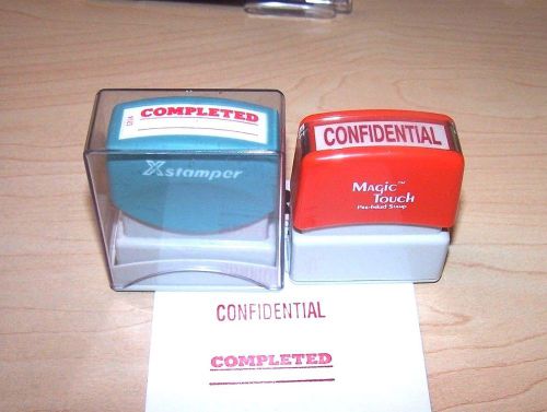 TWO STAMPERS RED 1 X 2 X 2 CONFIDENTIAL and COMPLETED 1 &amp; 1/2 Inches Stamp Lngth