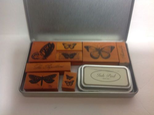 Butterfly Rubber Stamp Set By Cavallini, 8 Assorted Wood-Mounted Stamps EUC