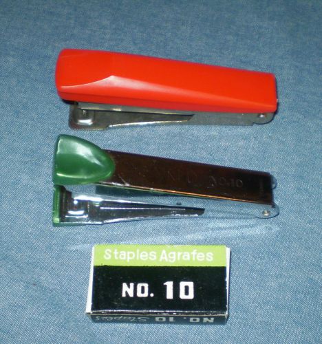Vintage stainless steel portable stapler marked hand no. 10 + red unmarked for sale