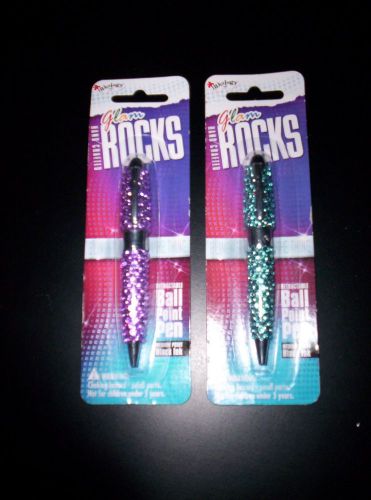 GLAM ROCKS BALL POINT PENS~ BLACK INK~ BLING IS THE THING~BLUE &amp; PINK~SET OF 2