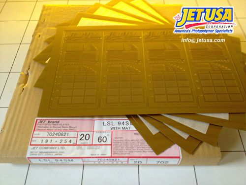 Jet letterpress photopolymer  plates - cs of 20 @ 7.25&#034; x 10&#034; x 0.037&#034;  miraclon for sale