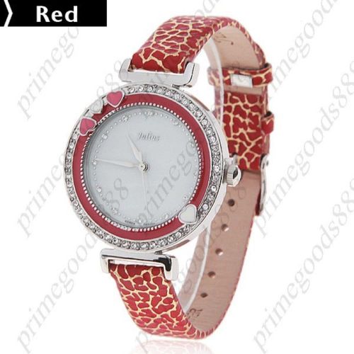 Waterproof Leather Quartz Wrist Wristwatch Women&#039;s Hearts Rhinestones Red
