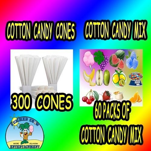 60 pack cotton candy mix flossine and 300 cotton candy cones plain gold medal for sale