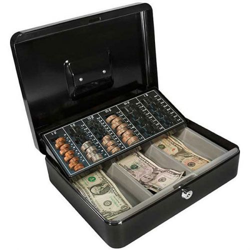 Black Metal Cash Box with Coin Tray Compartment Includes key