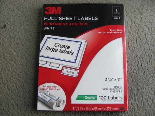 3M Full Sheet Labels Permanent Adhesive White 3000-L (8 1/2” x 11”) 100 Labels