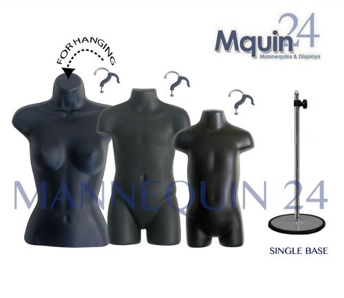 SET of 3 BLACK MANNEQUINS:FEMALE, CHILD &amp; TODDLER BODY FORMS +1 STAND +3 HANGERS