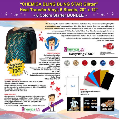 CHEMICA BLING BLING STAR GLITTER HEAT TRANSFER VINYL, 6 SHEETS, 20&#034;x12&#034;, BUNDLE