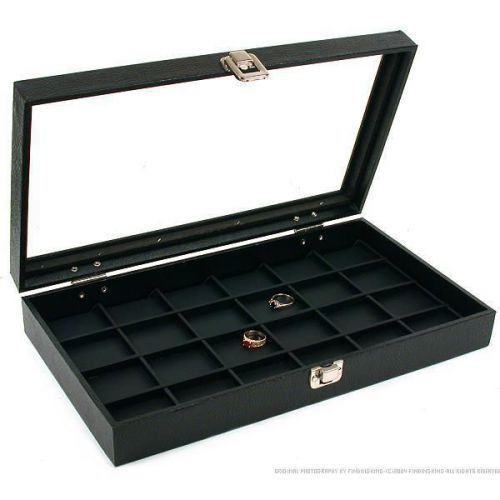 24 Slot Jewelry Coin Black Display Tray Glass Lid Case