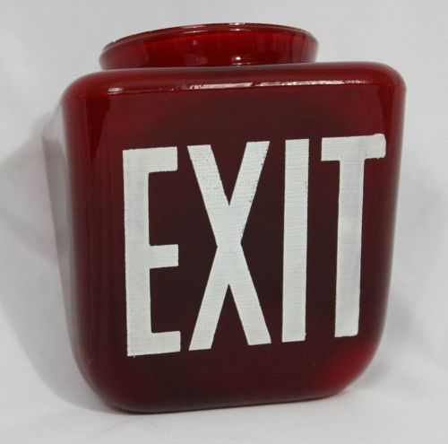 Vintage red glass wedge exit sign globe fixture shade industrial man cave decor for sale