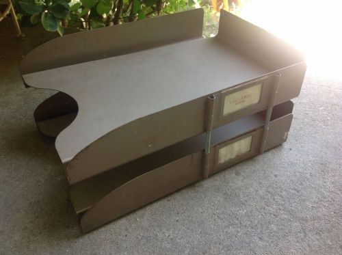 VINTAGE INDUSTRIAL tiered METAL DESK FILE PAPER TRAY IN &amp; OUT BOX Madmen