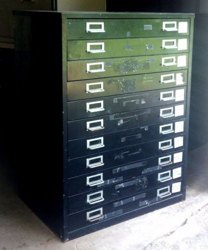 Used Black Steel 11 Drawer Flat Blue Print Office File Cabinet